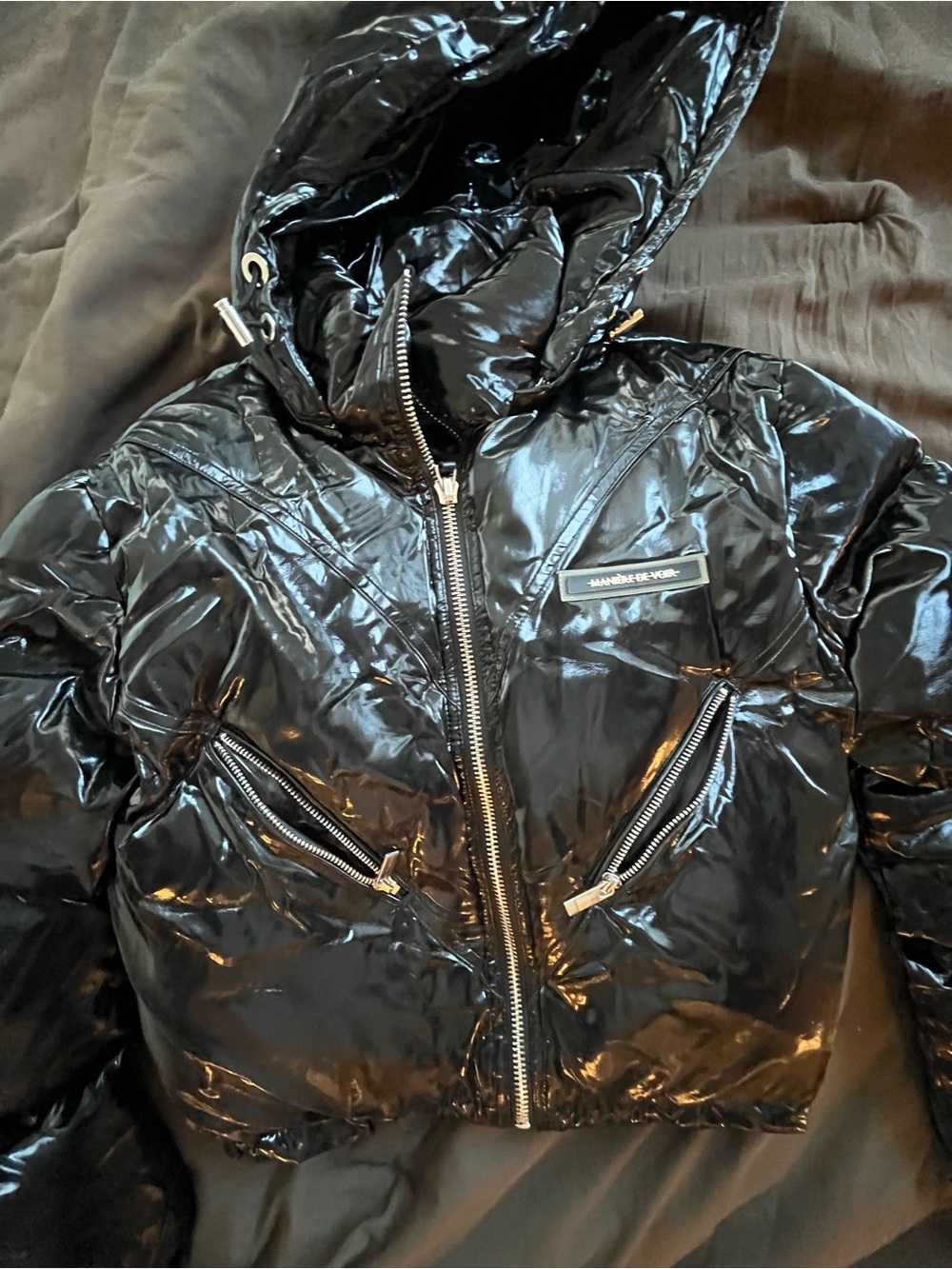 Manière De Voir Black Shiny Cropped Bomber Jacket - Picture 9 of 9